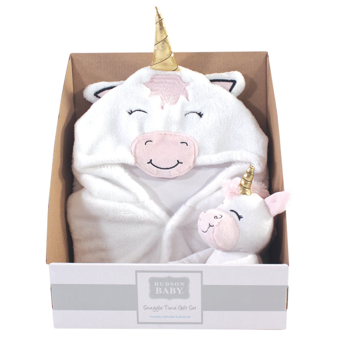 Hudson Baby Infant Girl Plush Bathrobe and Toy Set, Modern Unicorn, One Size