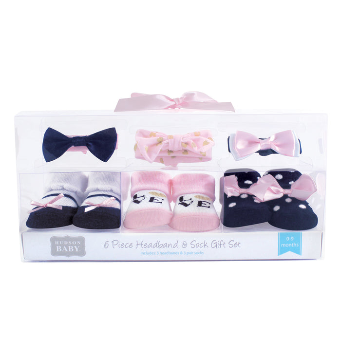 Hudson Baby Infant Girl Headband and Socks Giftset 6 Piece, Navy Love, One Size