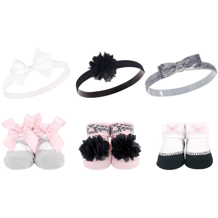 Hudson Baby Infant Girl Headband and Socks Giftset 6 Piece, Silver Ballet, One Size