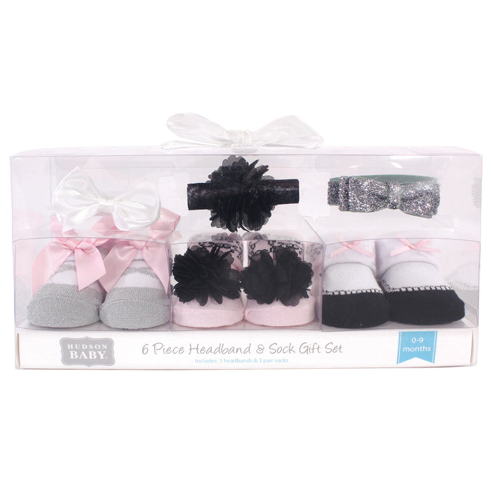 Hudson Baby Infant Girl Headband and Socks Giftset 6 Piece, Silver Ballet, One Size