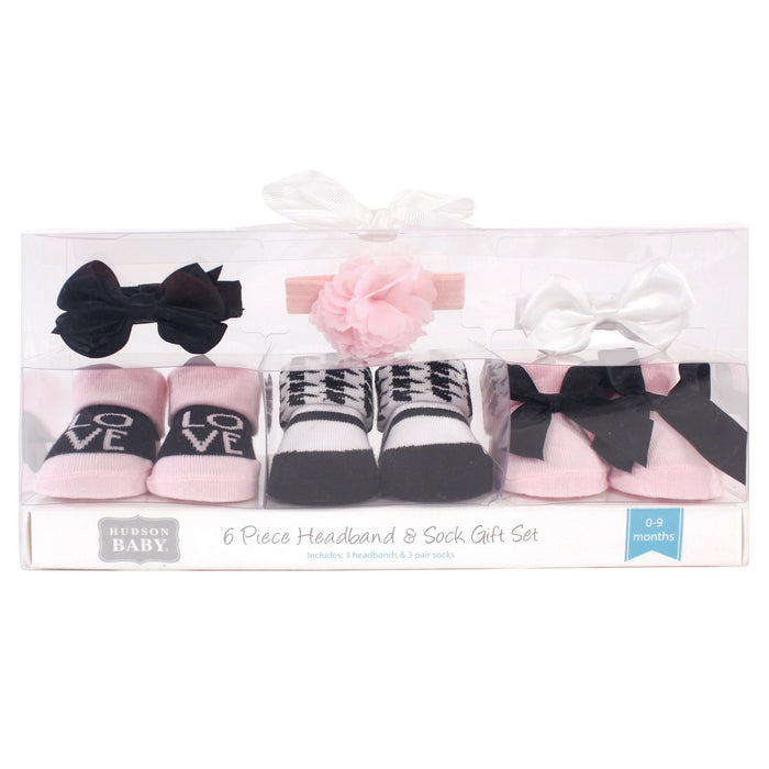Hudson Baby Infant Girl Headband and Socks Giftset 6 Piece, Pink Black Love, One Size