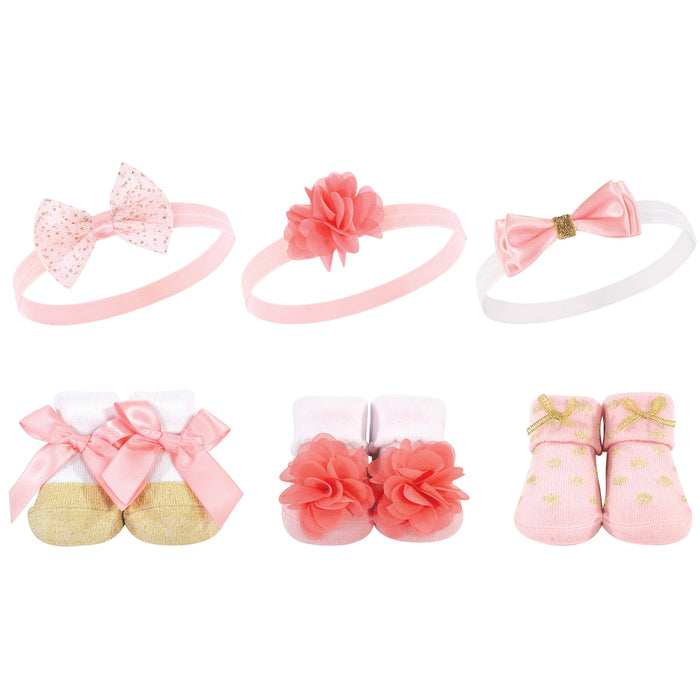 Hudson Baby Infant Girl Headband and Socks Giftset 6 Piece, Coral Gold, One Size