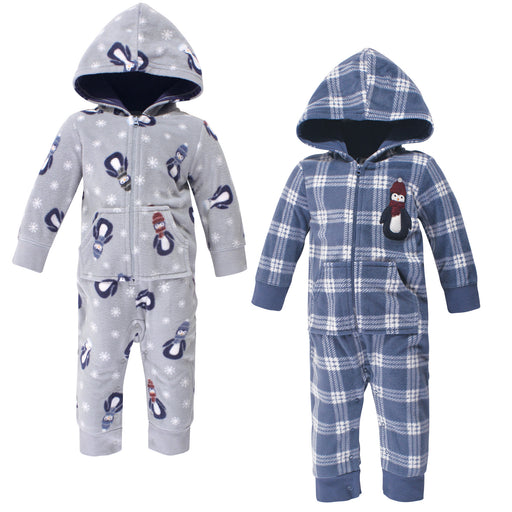 Hudson Baby Infant Boy Fleece Jumpsuits, Coveralls, and Playsuits 2-Pack, Blue Penguin