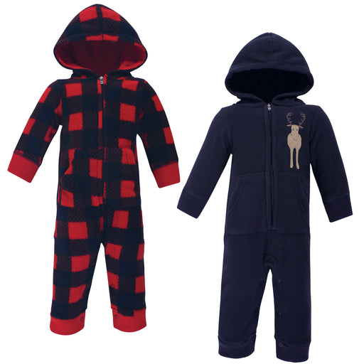 Hudson Baby Infant Boy Fleece Jumpsuits, Coveralls, and Playsuits 2-Pack, Forest Moose