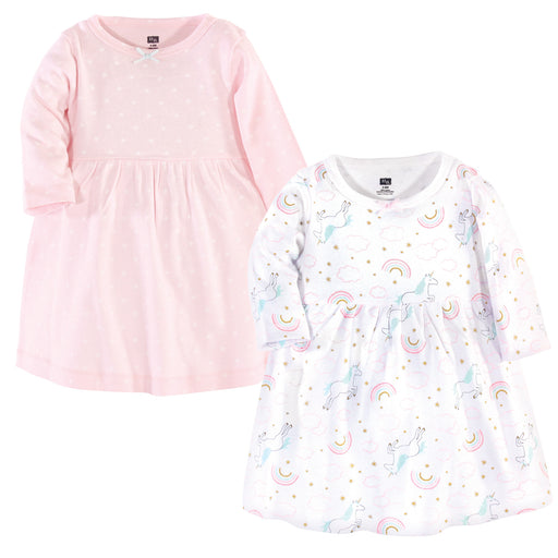 Hudson Baby Infant and Toddler Girl Cotton Long-Sleeve Dresses 2Pack, Glitter Unicorn