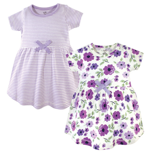 Touched by Nature Baby and Toddler Girl Organic Cotton Short-Sleeve Dresses 2 Pack, Purple Garden