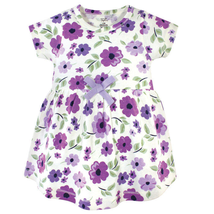 Touched by Nature Baby and Toddler Girl Organic Cotton Short-Sleeve Dresses 2 Pack, Purple Garden