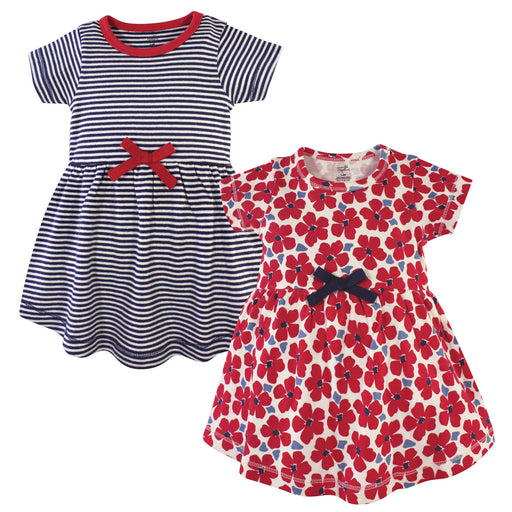 Touched by Nature Baby and Toddler Girl Organic Cotton Short-Sleeve Dresses 2 Pack, Red Flowers