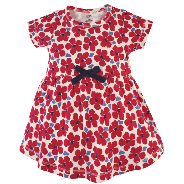 Touched by Nature Baby and Toddler Girl Organic Cotton Short-Sleeve Dresses 2 Pack, Red Flowers