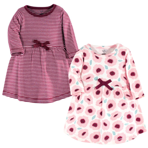 Touched by Nature Baby and Toddler Girl Organic Cotton Long-Sleeve Dresses 2 Pack, Blush Blossom