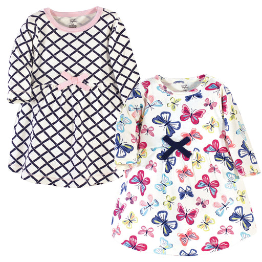 Touched by Nature Baby and Toddler Girl Organic Cotton Long-Sleeve Dresses 2 Pack, Bright Butterflies