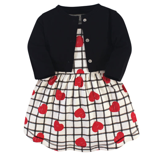 Touched by Nature Organic Cotton Dress and Cardigan 2 Piece Set, Black Red Heart