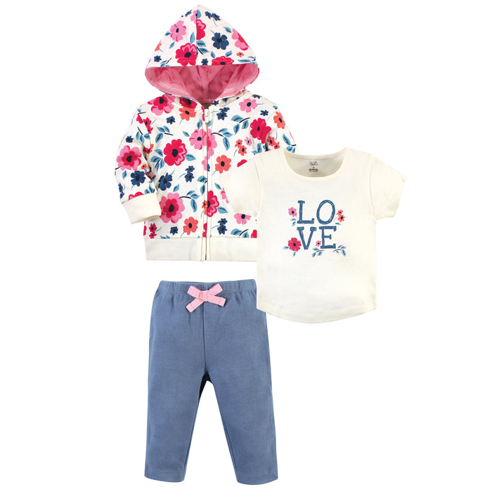 Touched by Nature Toddler Girl Organic Cotton Hoodie, Tee Top, and Pant, Garden Floral