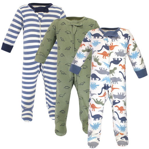 Touched by Nature Baby Boy Organic Cotton Zipper Sleep and Play 3 Pack, Dinosaurs