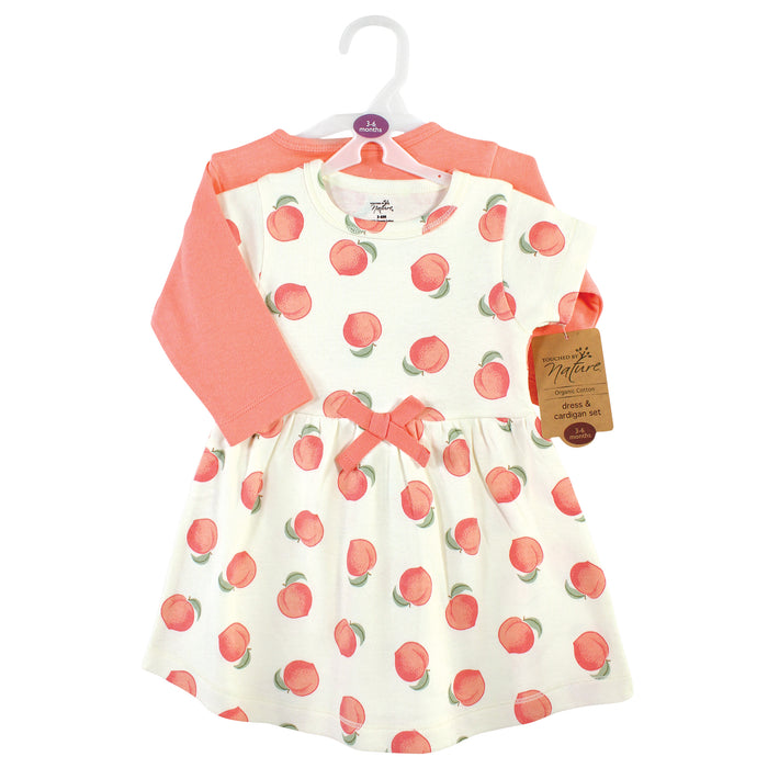 Touched by Nature Baby and Toddler Girl Organic Cotton Dress and Cardigan, Peach
