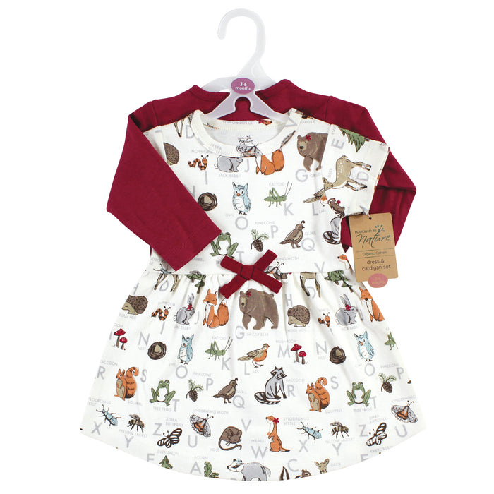 Touched by Nature Baby Girls Organic Cotton Dress and Cardigan, Woodland Alphabet