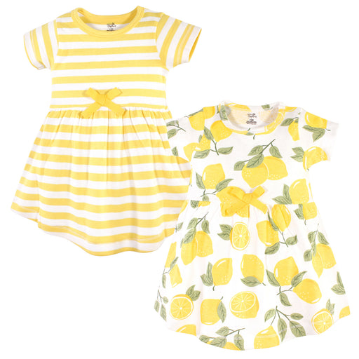 Touched by Nature Baby and Toddler Girl Organic Cotton Short-Sleeve Dresses 2 Pack, Lemon Tree