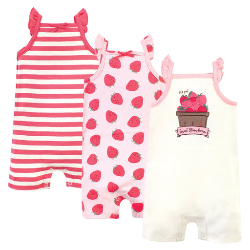 Touched by Nature Baby Girl Organic Cotton Rompers 3 Pack, Strawberries
