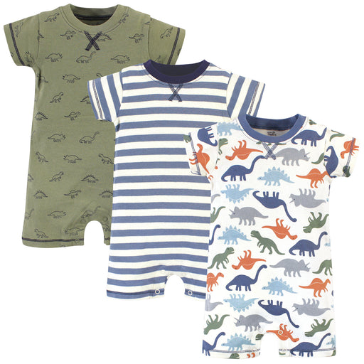 Touched by Nature Baby Boy Organic Cotton Rompers 3 Pack, Bold Dinosaurs
