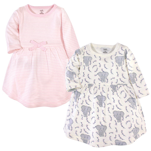 Touched by Nature Baby and Toddler Girl Organic Cotton Long-Sleeve Dresses 2 Pack, Pink Elephant