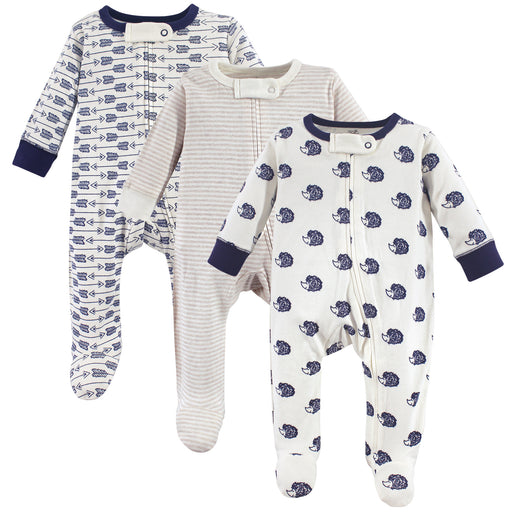 Touched by Nature Baby Boy Organic Cotton Zipper Sleep and Play 3 Pack, Hedgehog