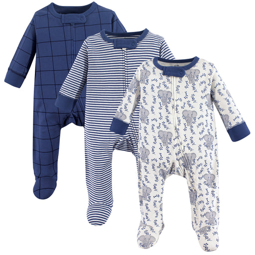 Touched by Nature Baby Boy Organic Cotton Zipper Sleep and Play 3 Pack, Elephant