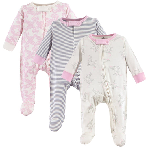 Touched by Nature Baby Girl Organic Cotton Zipper Sleep and Play 3 Pack, Bird
