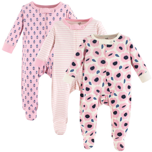 Touched by Nature Baby Girl Organic Cotton Zipper Sleep and Play 3 Pack, Blossoms