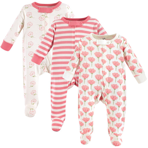 Touched by Nature Baby Girl Organic Cotton Zipper Sleep and Play 3 Pack, Tulip
