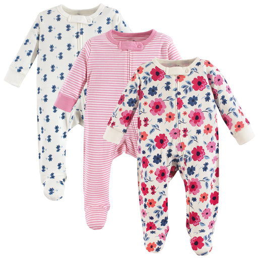 Touched by Nature Baby Girl Organic Cotton Zipper Sleep and Play 3 Pack, Garden Floral