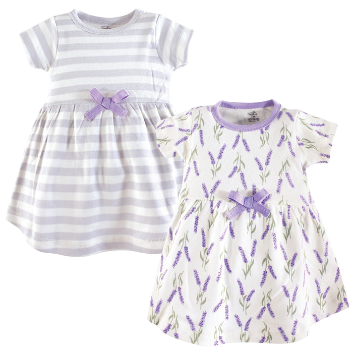 Touched by Nature Baby and Toddler Girl Organic Cotton Short-Sleeve Dresses 2 Pack, Lavender