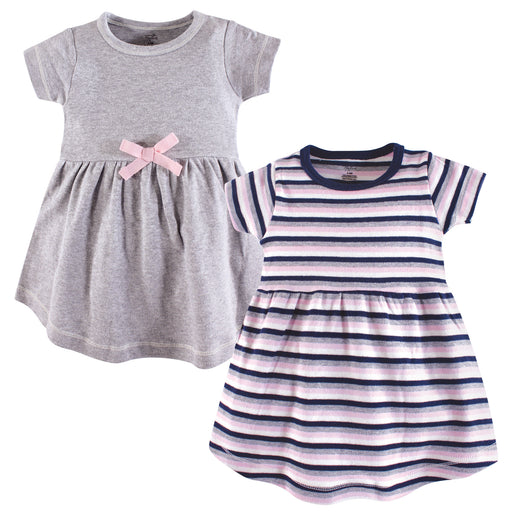 Touched by Nature Baby and Toddler Girl Organic Cotton Short-Sleeve Dresses 2 Pack, Heather Gray Stripe
