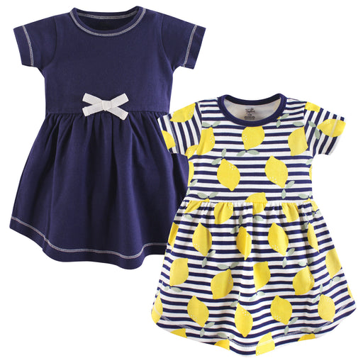 Touched by Nature Baby and Toddler Girl Organic Cotton Short-Sleeve Dresses 2 Pack, Lemons