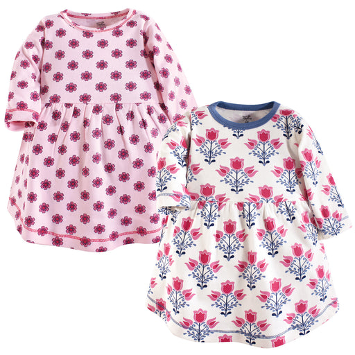 Touched by Nature Baby and Toddler Girl Organic Cotton Long-Sleeve Dresses 2 Pack, Abstract Flower
