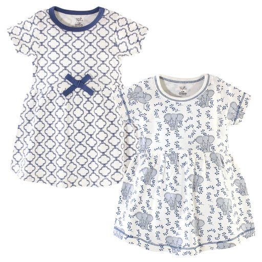 Touched by Nature Baby and Toddler Girl Organic Cotton Short-Sleeve Dresses 2 Pack, Blue Elephant