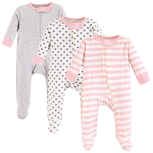 Touched by Nature Baby Girl Organic Cotton Zipper Sleep and Play 3 Pack, Pink Gray Scribble