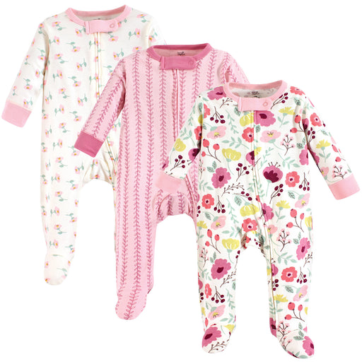 Touched by Nature Baby Girl Organic Cotton Zipper Sleep and Play 3 Pack, Botanical