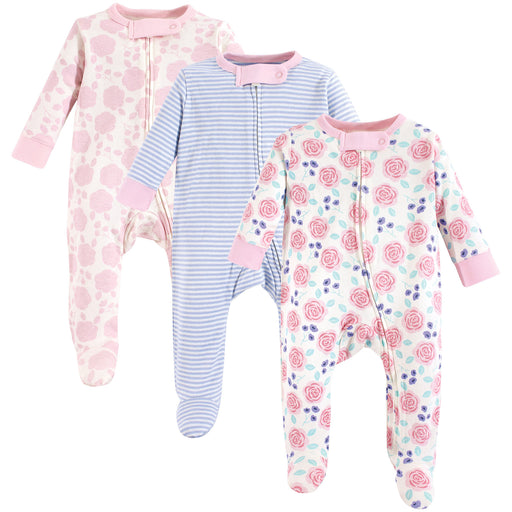 Touched by Nature Baby Girl Organic Cotton Zipper Sleep and Play 3 Pack, Pink Rose