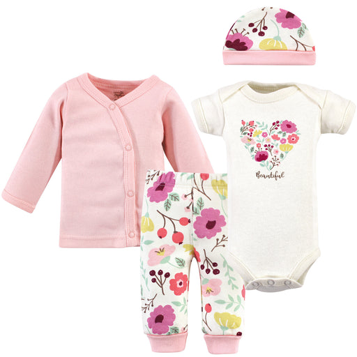 Touched by Nature Baby Girl Organic Cotton Preemie Layette 4 Piece Set, Botanical, Preemie