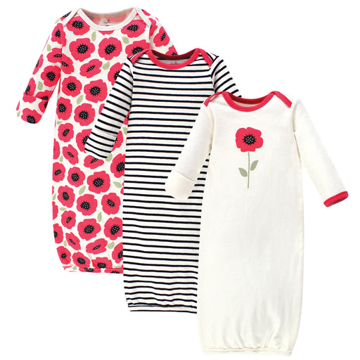 Touched by Nature Baby Girl Organic Cotton Long-Sleeve Gowns 3 Pack, Poppy, 0-6 Months