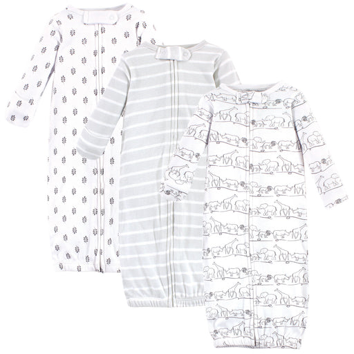 Touched by Nature Baby Organic Cotton Zipper Long-Sleeve Gowns 3 Pack, Safari