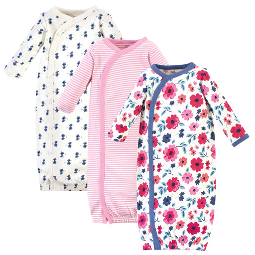 Touched by Nature Baby Girl Organic Cotton Side-Closure Snap Long-Sleeve Gowns 3 Pack, Garden Floral