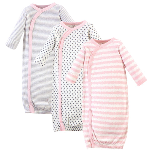 Touched by Nature Baby Girl Organic Cotton Side-Closure Snap Long-Sleeve Gowns 3 Pack, Pink Gray Scribble