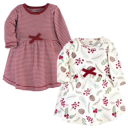 Touched by Nature Baby and Toddler Girl Organic Cotton Long-Sleeve Dresses 2 Pack, Holly Berry