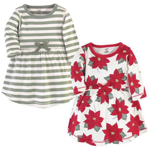Touched by Nature Baby and Toddler Girl Organic Cotton Long-Sleeve Dresses 2 Pack, Poinsettia