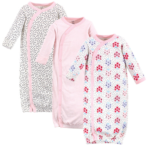 Touched by Nature Baby Girl Organic Cotton Side-Closure Snap Long-Sleeve Gowns 3 Pack, Floral Dot