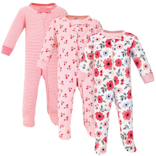 Touched by Nature Baby Girl Organic Cotton Zipper Sleep and Play 3 Pack, Coral Garden