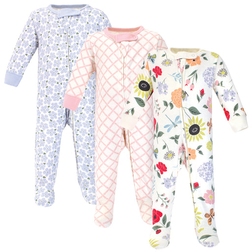 Touched by Nature Baby Girl Organic Cotton Zipper Sleep and Play 3 Pack, Flutter Garden
