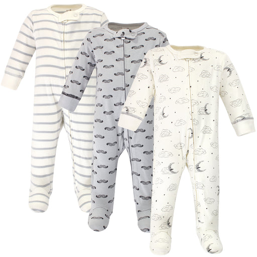 Touched by Nature Baby Boy Organic Cotton Zipper Sleep and Play 3 Pack, Mr Moon