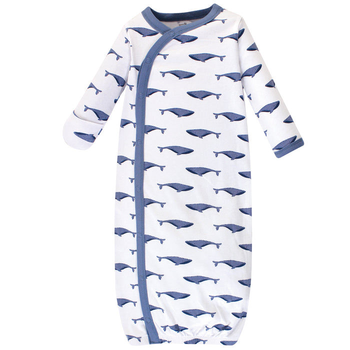 Touched by Nature Baby Boy Organic Cotton Side-Closure Snap Long-Sleeve Gowns 3 Pack, Blue Whale
